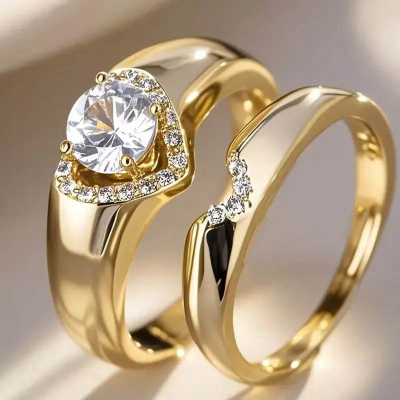 2Pcs Artificial Gemstone Ring Set for Couples, Elegant White Gold‑Plated Copper Fashion Rings, Matching Promise Bands for Anniversary Occasions