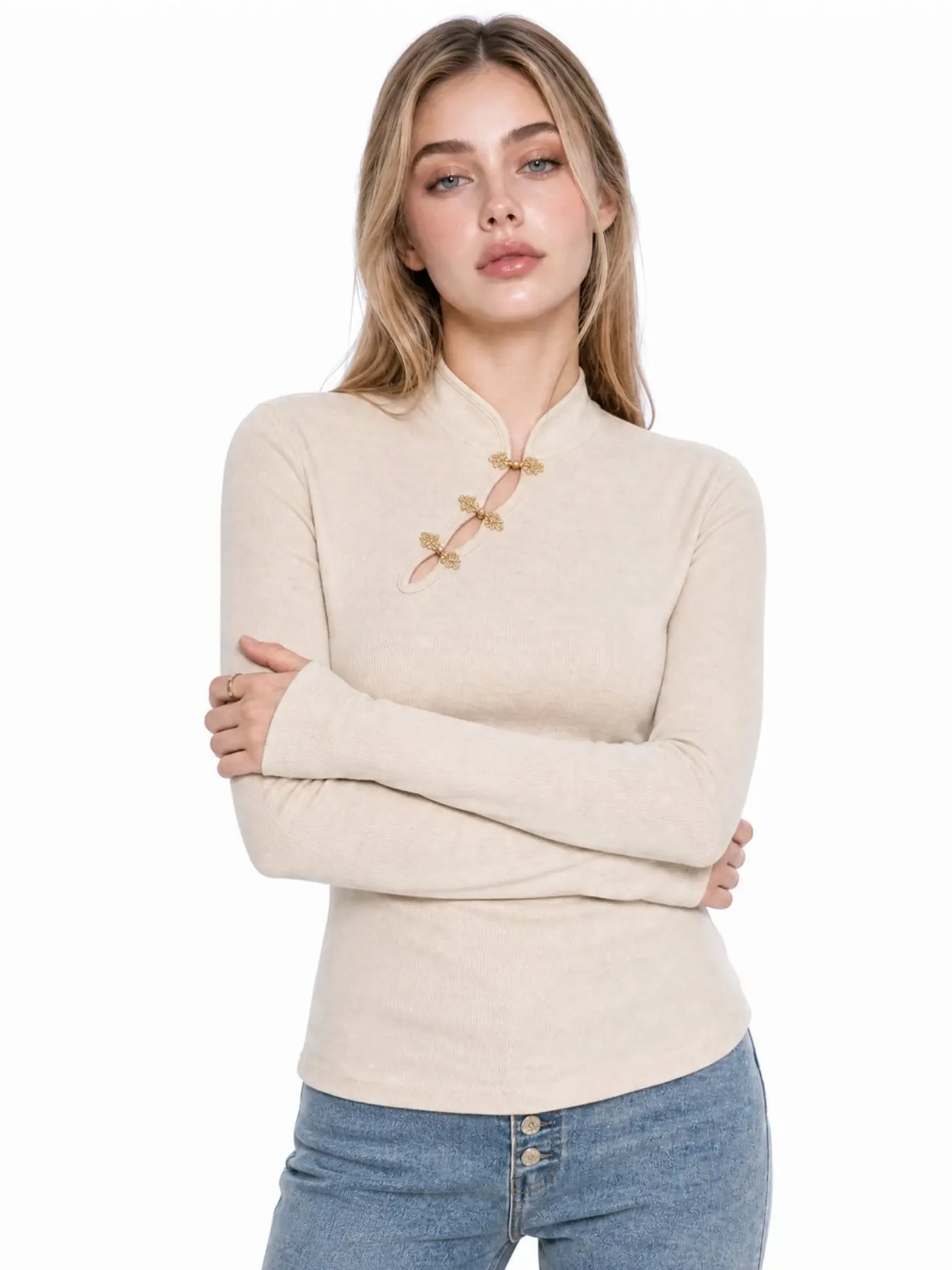 Light Grey Mandarin Collar Frog Button Knit Top Women Cheongsam Style Asymmetric Hem Slim Long Sleeve Casual Blouse