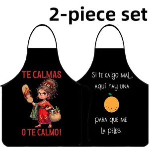 Funny Spanish Calm Print Apron Set,2-Piece Set Cool Polyester Kitchen Apron for Cooking,Christmas Gift, Jesus,Summer Apron for Women,Nails Design Tool,Garden Tool, Kitchen Essential,Cleaning Tool