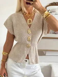 New Summer V Neck Light Apricot Women's Knit Top, Casual Style, Elegant Design, Metal Buttons, Slim Fit, Short Sleeve, Office Wear