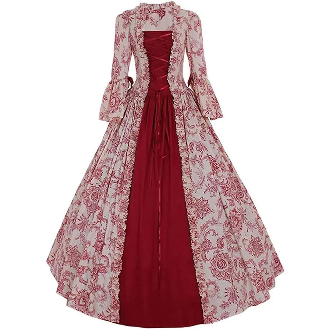 Vintage 18th Century Rococo Maxi Dress, Red Floral Open Coat Gown and Burgundy Lace-up Corset Inner Skirt