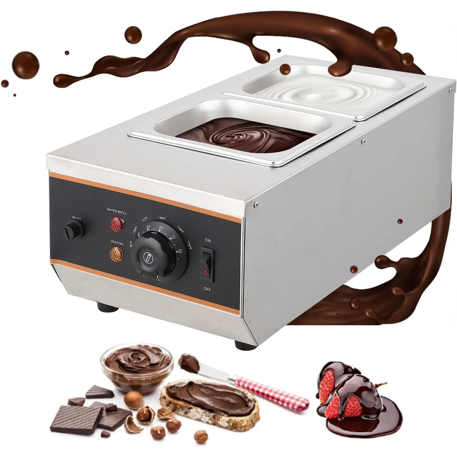 Garvee Commercial Chocolate Tempering Machine – 2/3 Stainless Steel Tanks (3.3L/4.12QT) – 1500W Food Warmer – Adjustable Temp 86°F–185°F – For Chocolate, Milk, Cream, Candy – Durable Industrial Kitchen Appliance