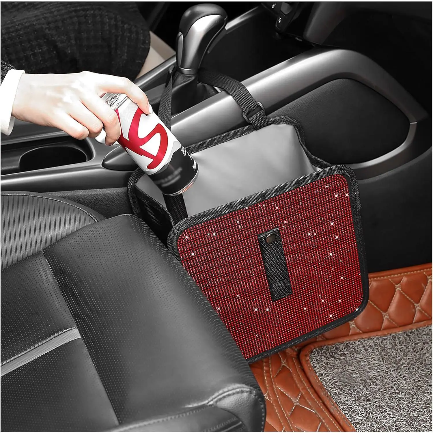 Riding Car Interior Foldable Rhinestone Trash Can - Synthetic Water-Resistant Fabric Bling Bin with Flexible Rope Buckle Mounting, SUV Stowing Accessory, Easy to Clean, Manufacturer Warranty (Red)