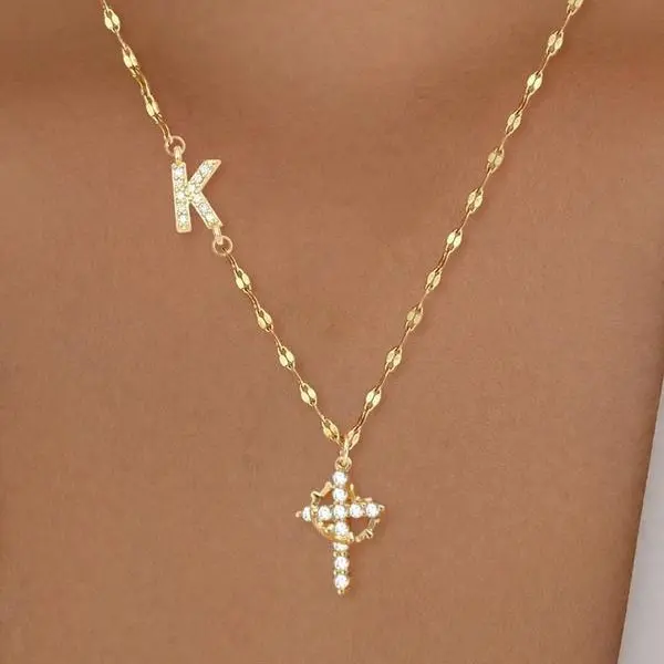 Women's European-American Fashion Full-Diamond Rotatable Crown Cross Necklace, 26-Letter Copper-Plated Gold Copper-Base Accessories, Casual Daily Wear Cross Charm Letter-Shape Fashion Jewelry Gift