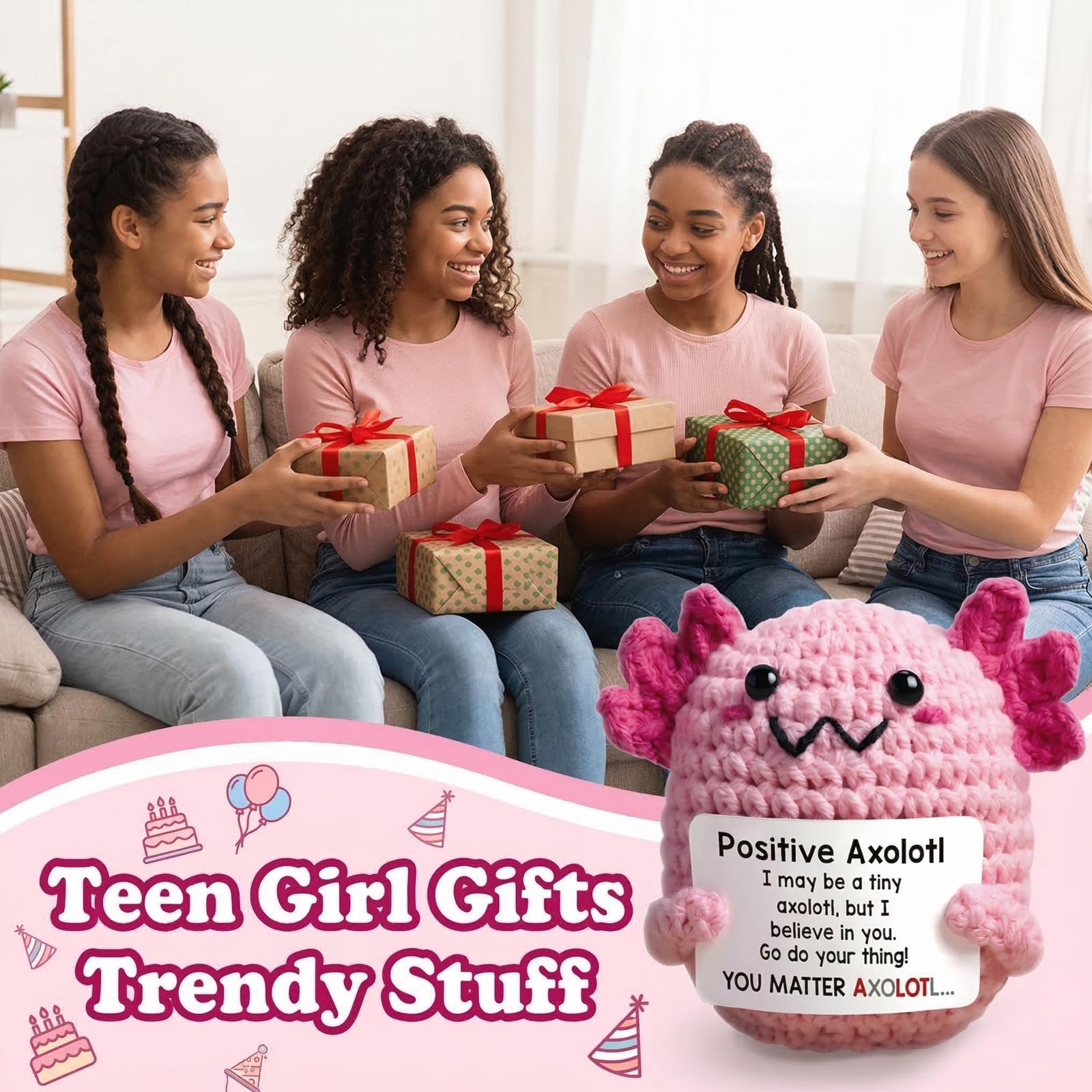 Handmade Crochet Axolotl Plush Emotional Support Stuffed Doll Cute Knit Salamander Toy Skin Friendly Cotton Yarn Stress Relief Companion Portable Home Decor Birthday Gifts For Him Her Teacher Appreciation Festival Gift Bag Pendant