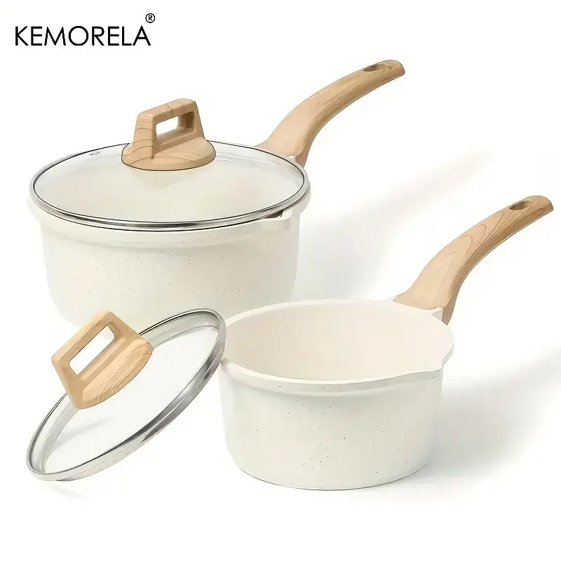 1Count Non-Stick Saucepan Set with Lid -, Induction Compatible, PFOA-Free, Easy to Clean, Pour Spout, Light Beige with Wooden Handles, Ideal for Small Kitchen Cooking, Versatile Use, Kitchen Essentials|Minimalist Kitchenware|Durable Cookware
