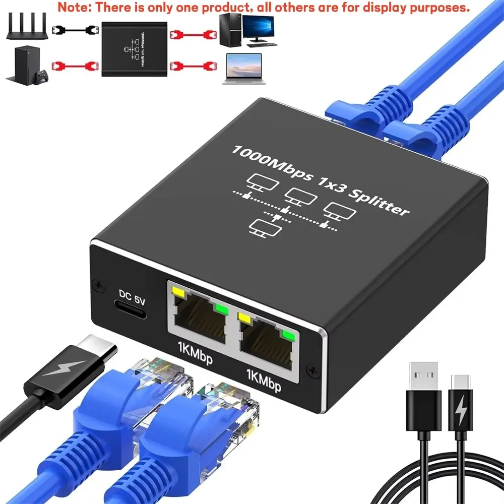 1000Mbps Ethernet Splitter Network Adapter RJ45 1X2 1X3  Extender for PC Computer Router Switch Works At The Same Time