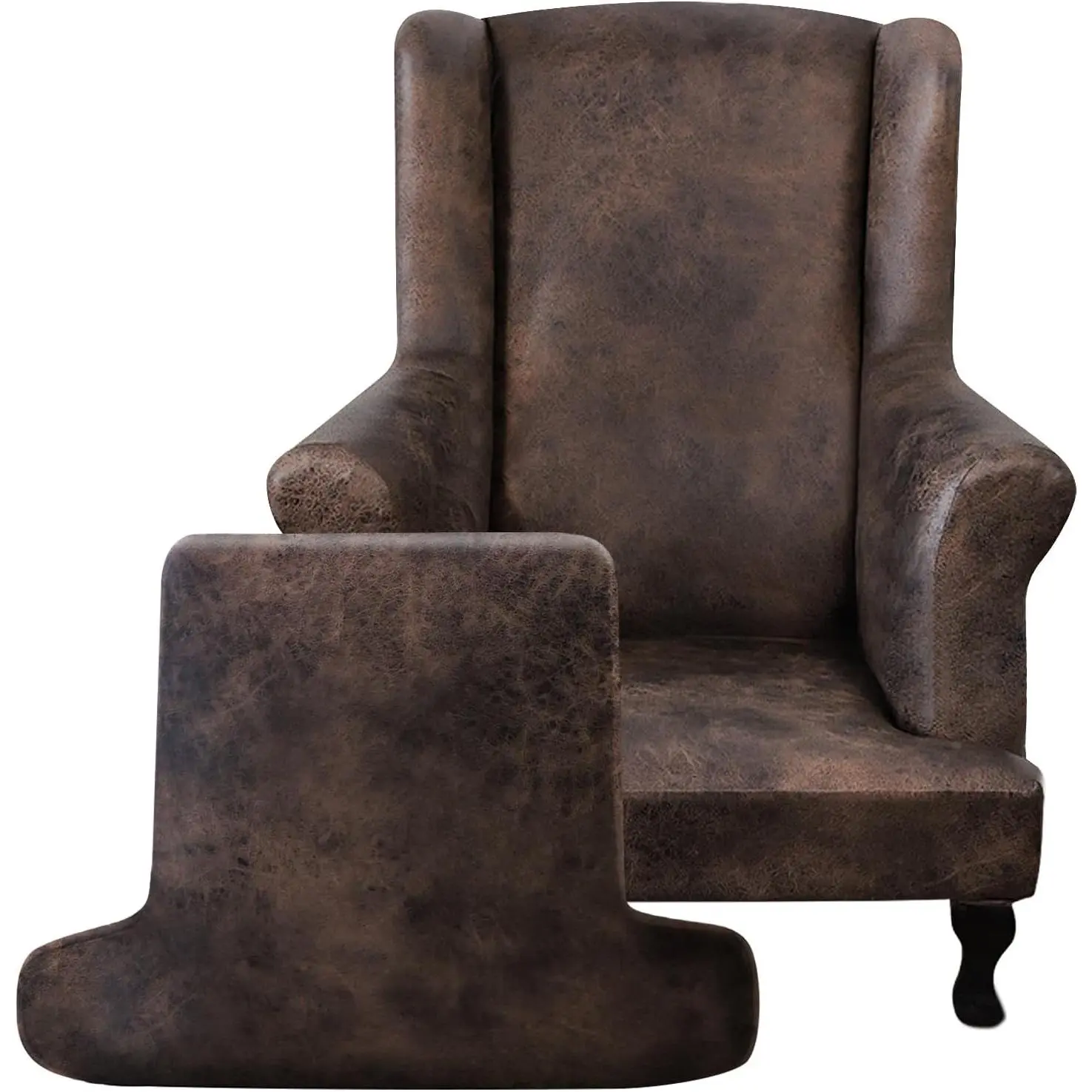 Leather Look Wingback Chair Covers, 2-Piece Wing Chair Slipcover, Stretch Wing Back Armchair Slipcovers with Elastic Bottom, Soft Spandex Furniture Protector for Living Room (Brown #2)
