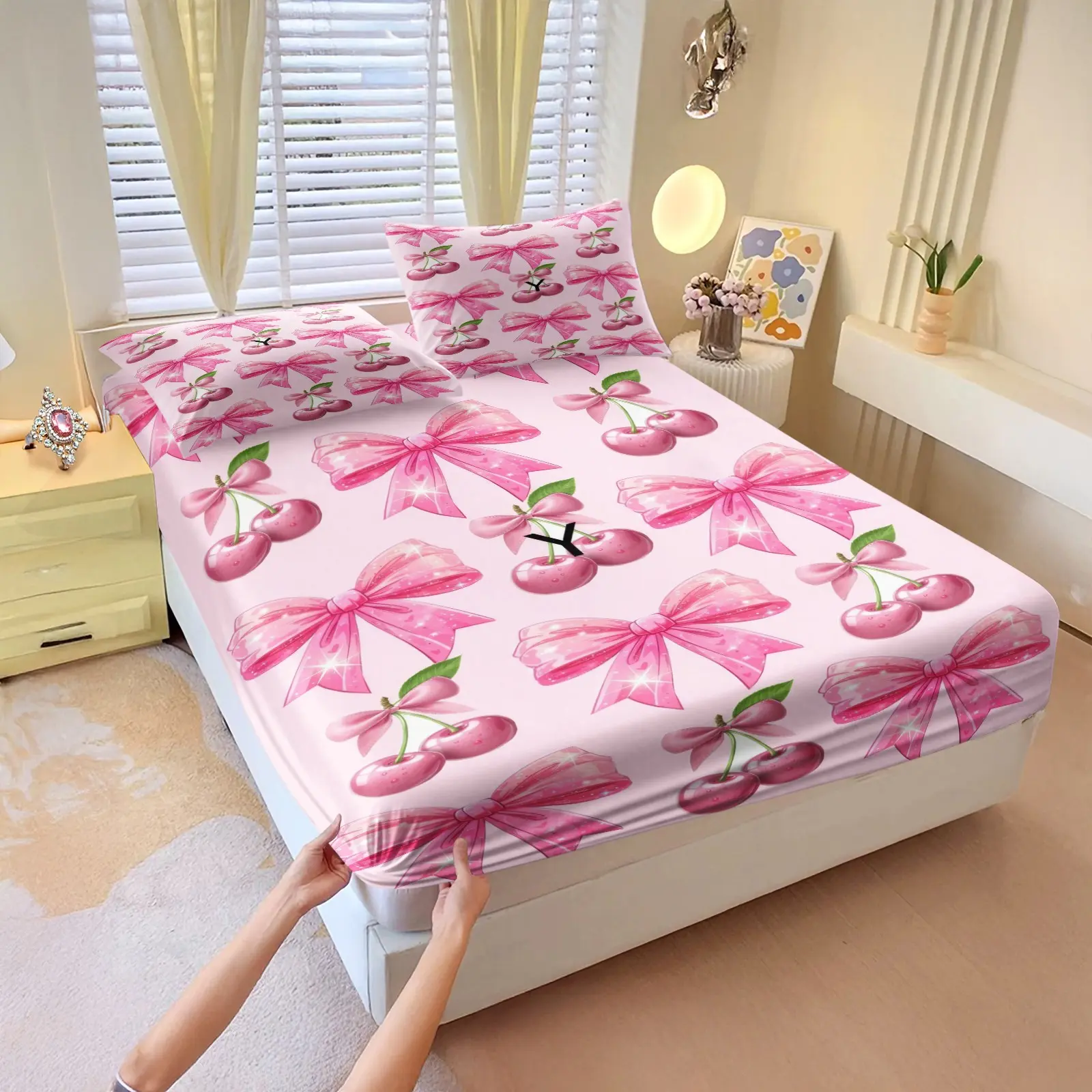3pcs Pink Bow Cherry Print Fitted Sheet Set, Soft And Comfortable Bedding Set, Colorful Digital Printed Ultra-Fine Fiber Bed Sheet, Soft And Breathable, Durable, Suitable For Decorating Girls' Bedrooms, Including 2 Pillowcases, Without Pillow Core.