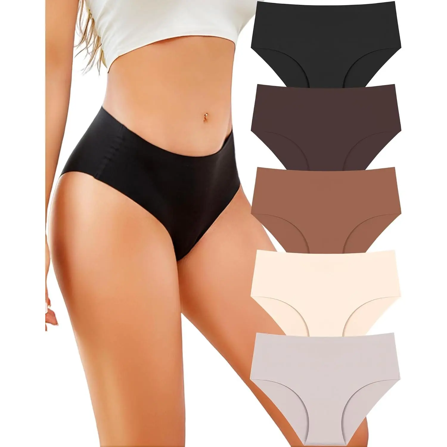 5 Pack Seamless Underwear for Women Plus Size Mid Rise Lingerie Brief Sexy No Show Panties Womens Cheeky XS-3XL