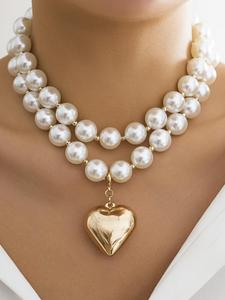 boho faux pearl decorated beaded necklace, elegant love heart necklace for women and girls, 2025 new trendy versatile accessories for dates, parties, valentine's day, statement necklace jewelry