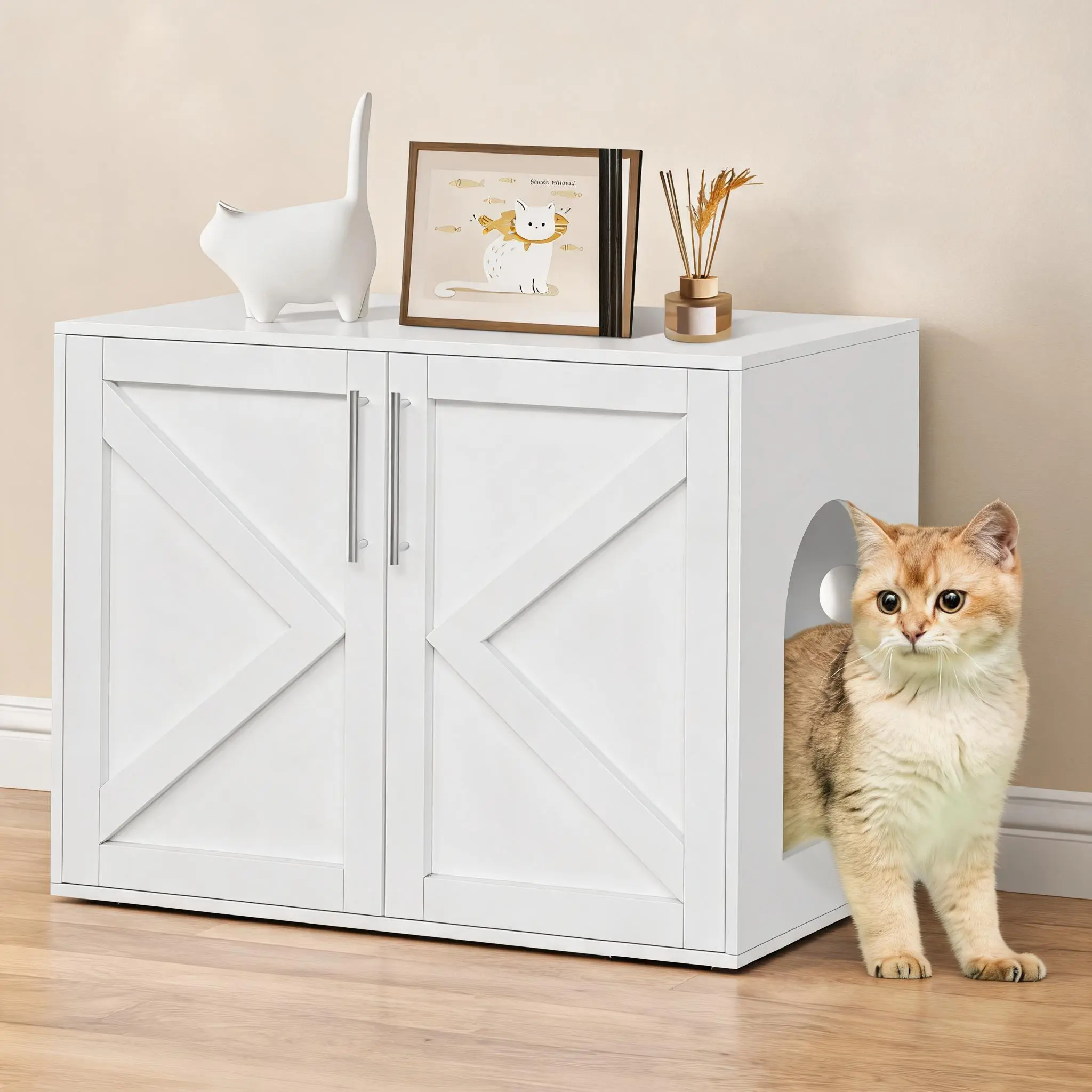 Hidden Cat Litter Box Cabinet – 25.6" Farmhouse End Table with Barn Doors & Ventilation – for 1-2 Cats – 330lbs Capacity – White, Easy-Clean