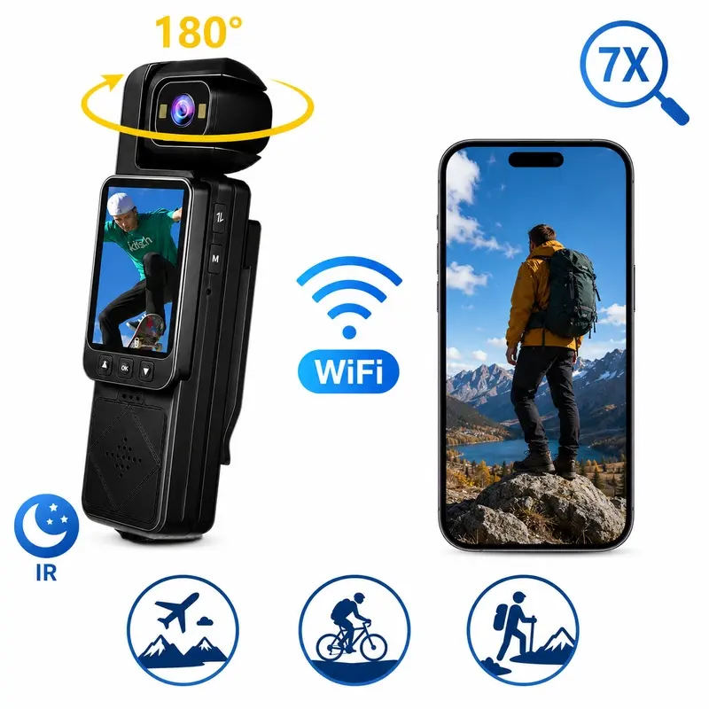 Body Camera HD Sports Camera, Portable Wearable Recorder with 140 Wide Angle, WiFi APP View, IR Night Vision, 7X Digital Zoom for Hiking Cycling