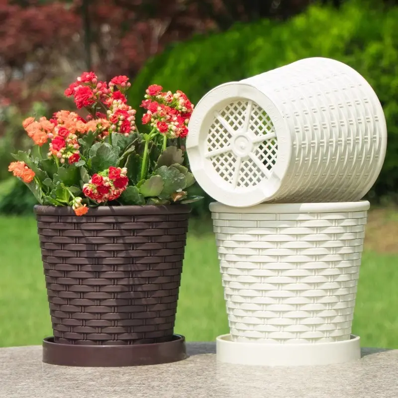 Plastic Flower Pot with Tray, Imitation Woven Design, Diameter Plant Container, Ideal for Indoor and Outdoor Gardening, 1pc, Decorative Flower Pot