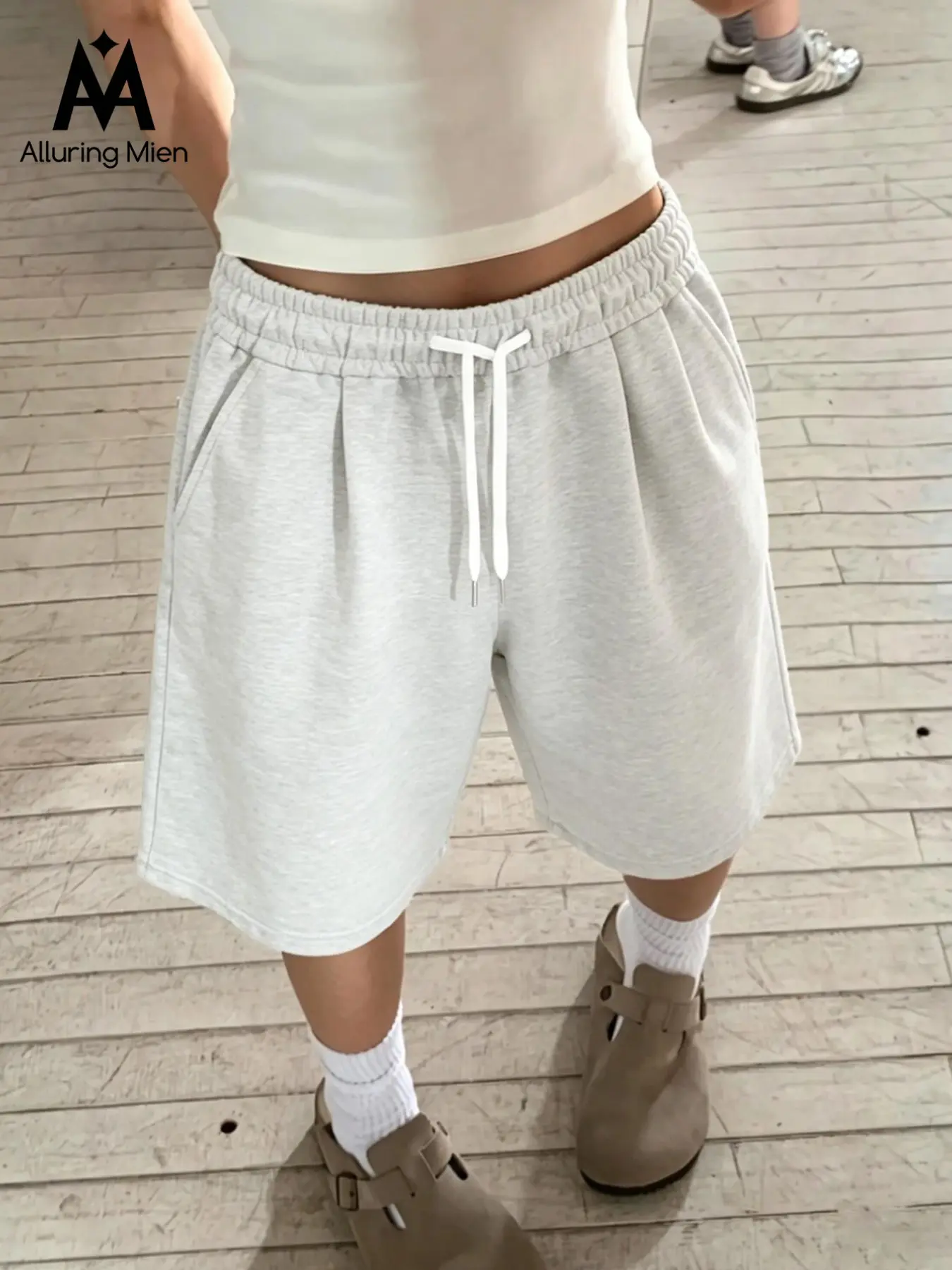 Women's Floral Drawstring Waist Five-Quarter Sweatpants, Loose Wide Leg, Versatile Pockets, Casual Sporty Mid-Length Pants