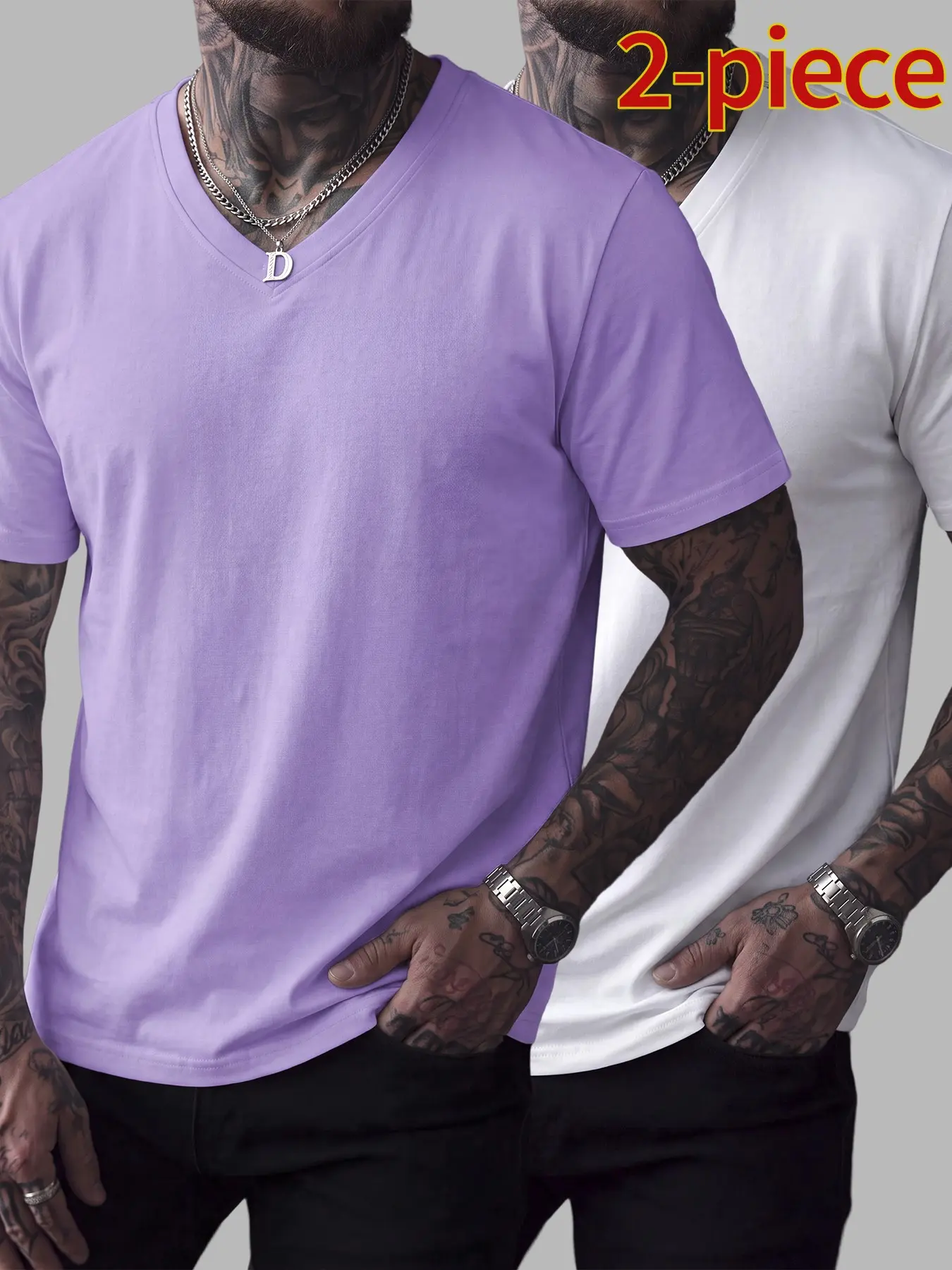 Men's Slim Fit Cotton V-Neck T-Shirt, Casual Short Sleeve Top, Comfortable Solid Color, Essential Daily Wear, 2-Pack Set, Menswear