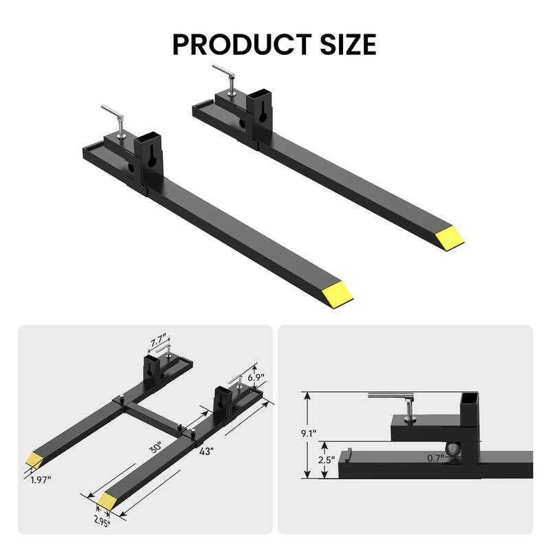 GARVEE 1500lbs 43" Clamp-on Pallet Forks for Skidsteer and Tractor - Heavy-Duty Attachment for Efficient Material Handling and Loading in Agriculture and Construction Applications.