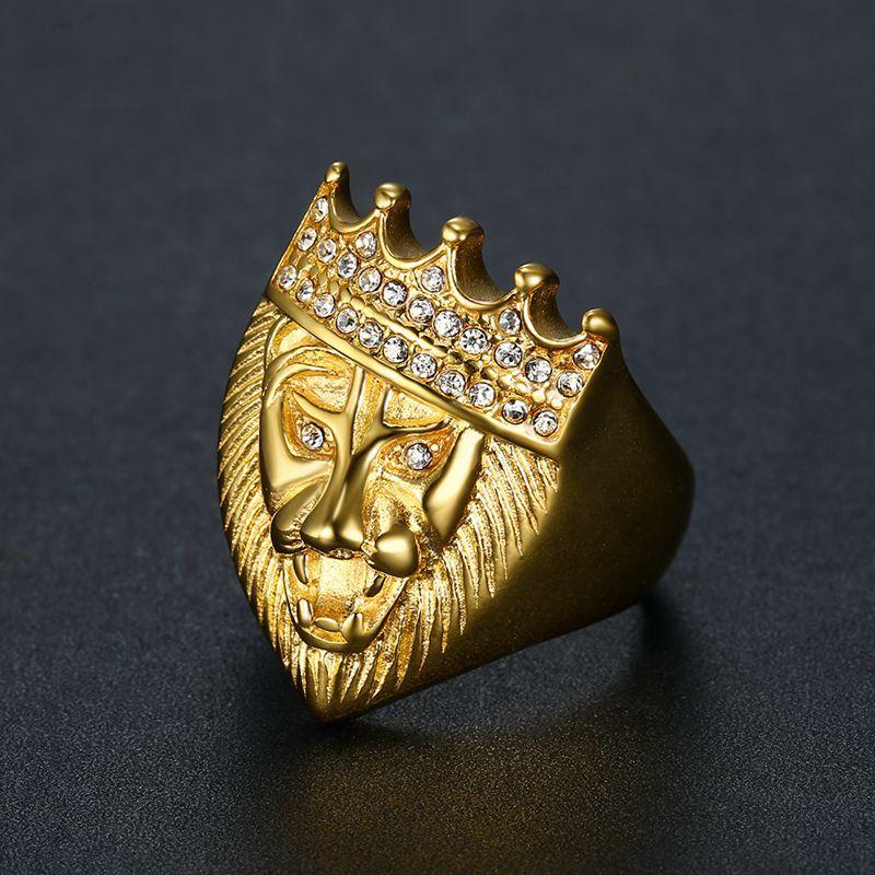 [FLAME] Hip Hop Crown Lion Head Ring Gold Plated Stainless Steel Bling Diamond Inlay Men's Fashion Statement Punk Street Hip Hop Jewelry Accessories