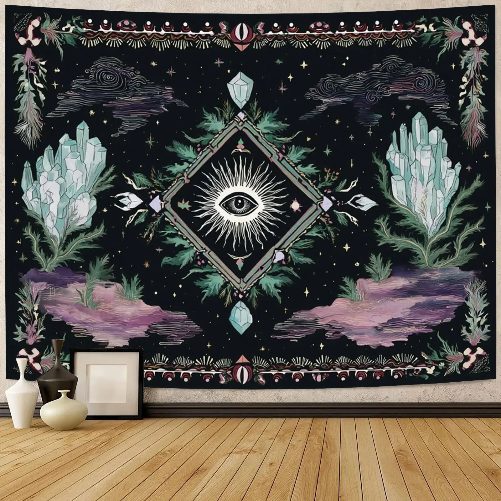 Vintage Bohemian Sun and Moon Tapestry - Mystic Eye, Crystal Illusion, Dark Aesthetic, Soft Lightweight Polyester Fiber Wall Hanging, Wall Decor for Dorm, Living Room, Party/Event Backdrop, Home Art