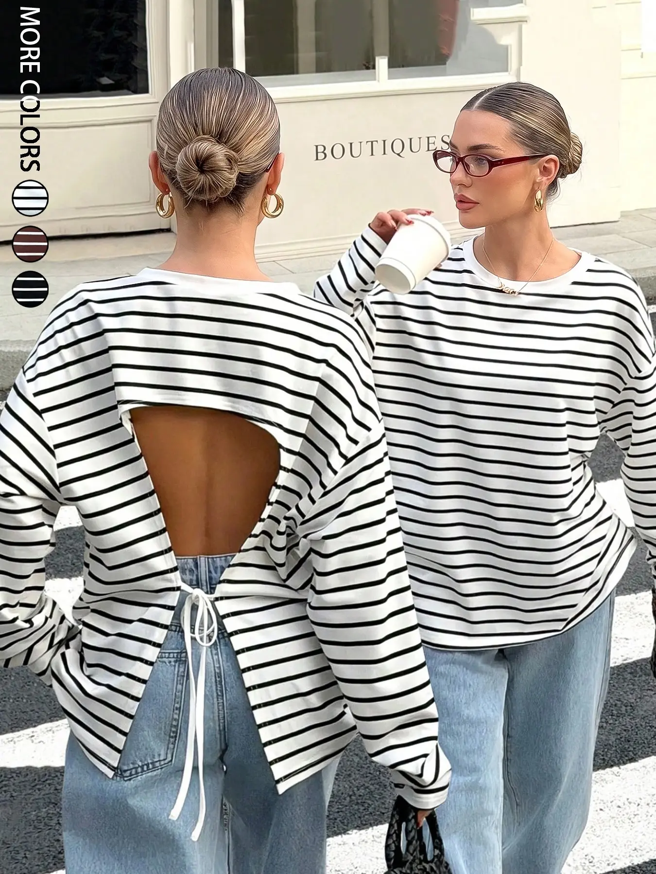 Women's Casual Striped Backless Tie-Band Loose Long Sleeve T-Shirt Top, Casual College Style, Comfortable and Stylish Summer Wear, Perfect for Daily