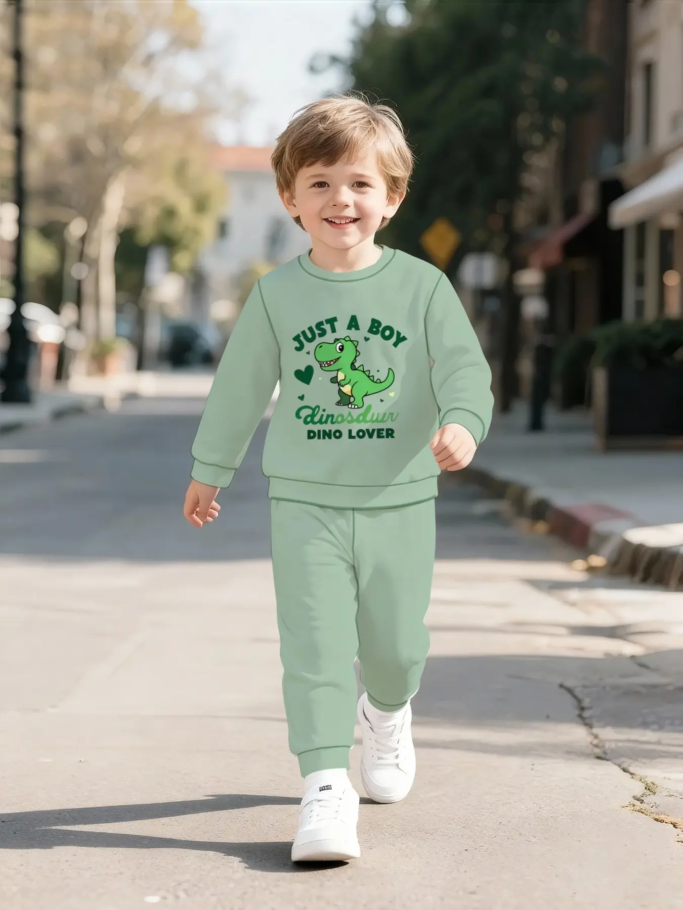 Toddler Boys Mint Green Crew Neck Sweatshirt & Matching Light Green Jogger Pants 2Pcs Tracksuit, Cute Green Dinosaur Just A Boy Dino Lover Heart Print Kids Cotton Outfit
