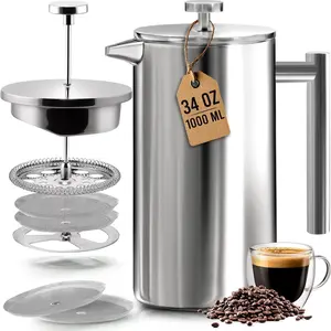 304 Grade Stainless Steel French Press Coffee Maker 34 Oz, Double Wall Insulated Coffee Press with 4-Level Filtration System, Include 2 Extra Filters, Rust-Free, Dishwasher Safe, Silver