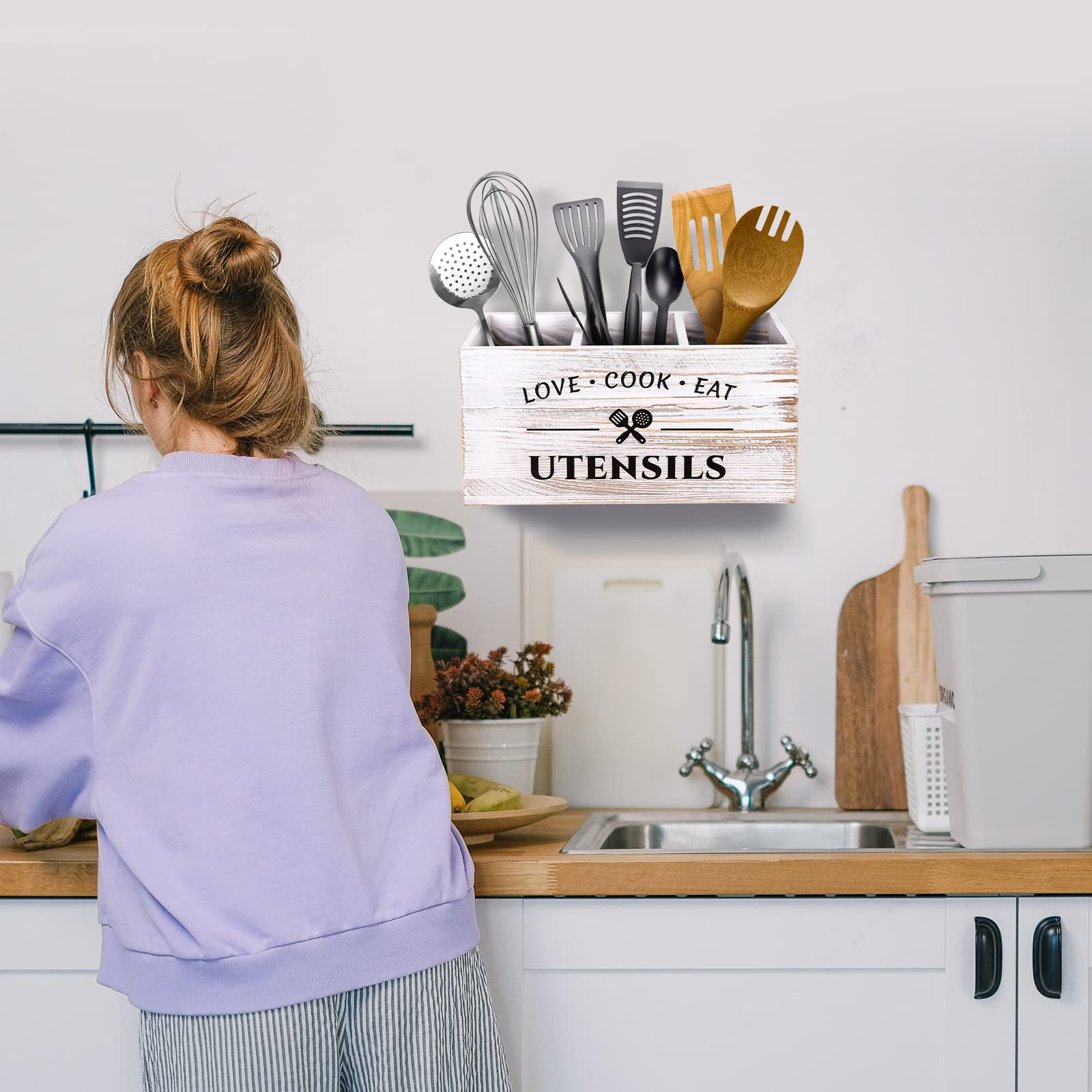 Kitchen Utensil Storage Box, 1 Count Wooden Kitchen Utensil Holder, Desktop Cutlery Storage Box, Home Organizer for Kitchen Accessories, Bedroom, Desk, Home Decor Organiser