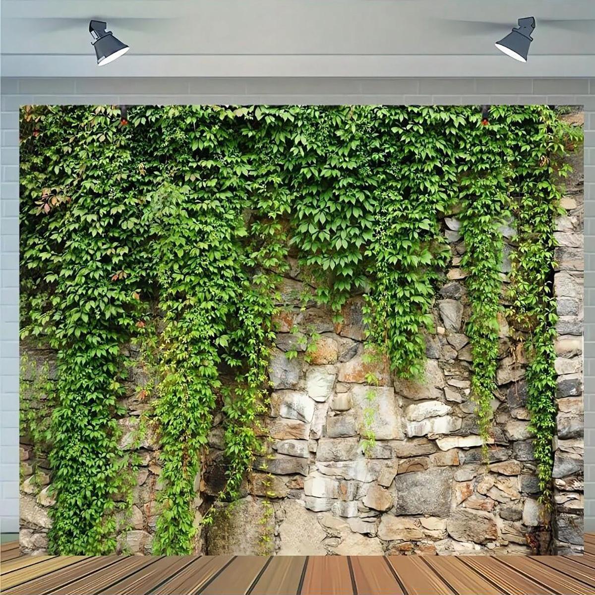 Stone Wall & Leaf Pattern Backdrop, Wall Hanging Backdrop, 1 Count Spring & Summer Decorative Backdrop, Party Decoration Supplies for Home Party & Festival, Banners