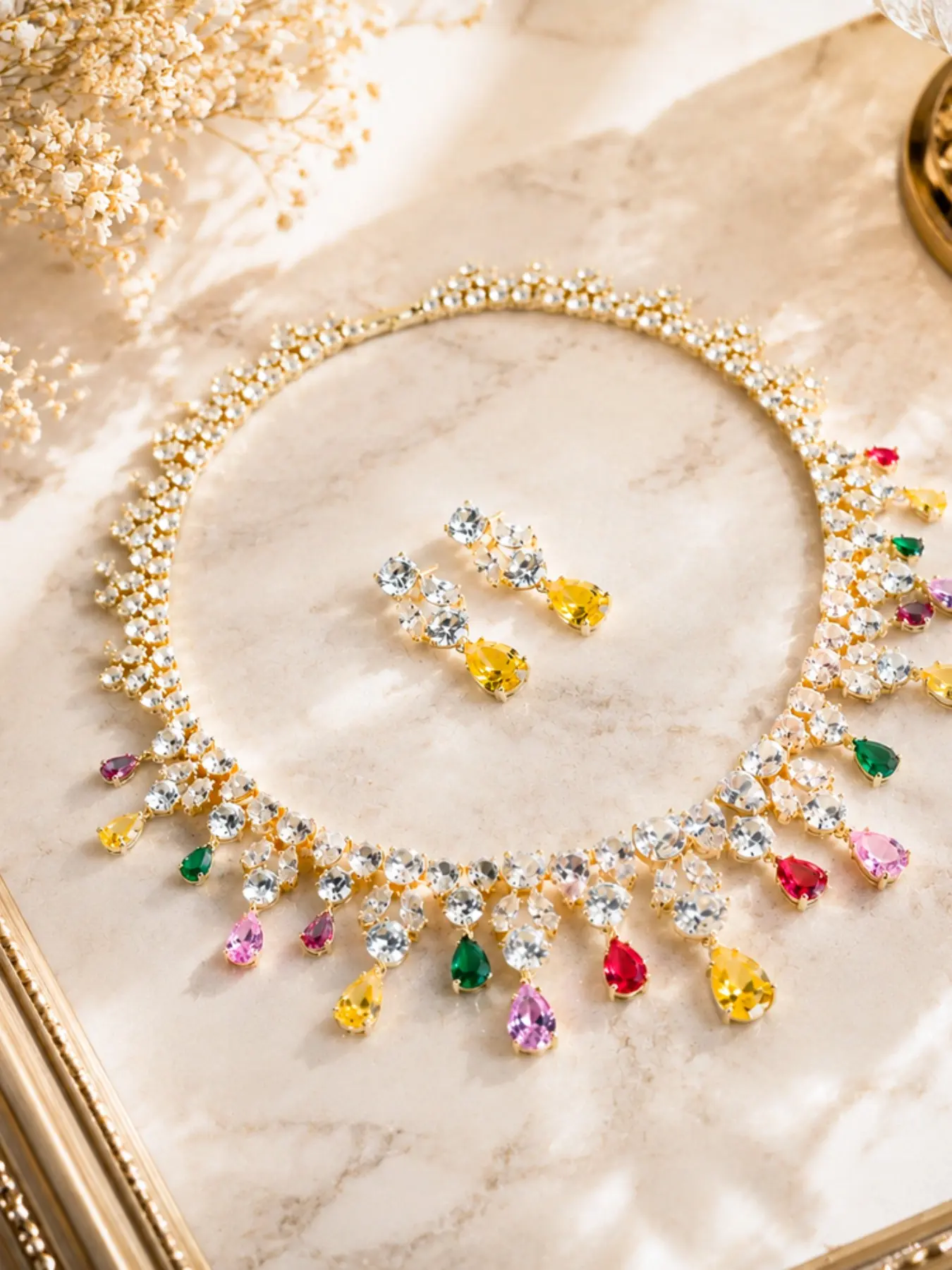 Multicolor Teardrop Crystal Bridal Jewelry Set, Gold Plated Waterfall Rhinestone Necklace Earrings Set, Colorful Gem Statement Wedding Party Jewelry