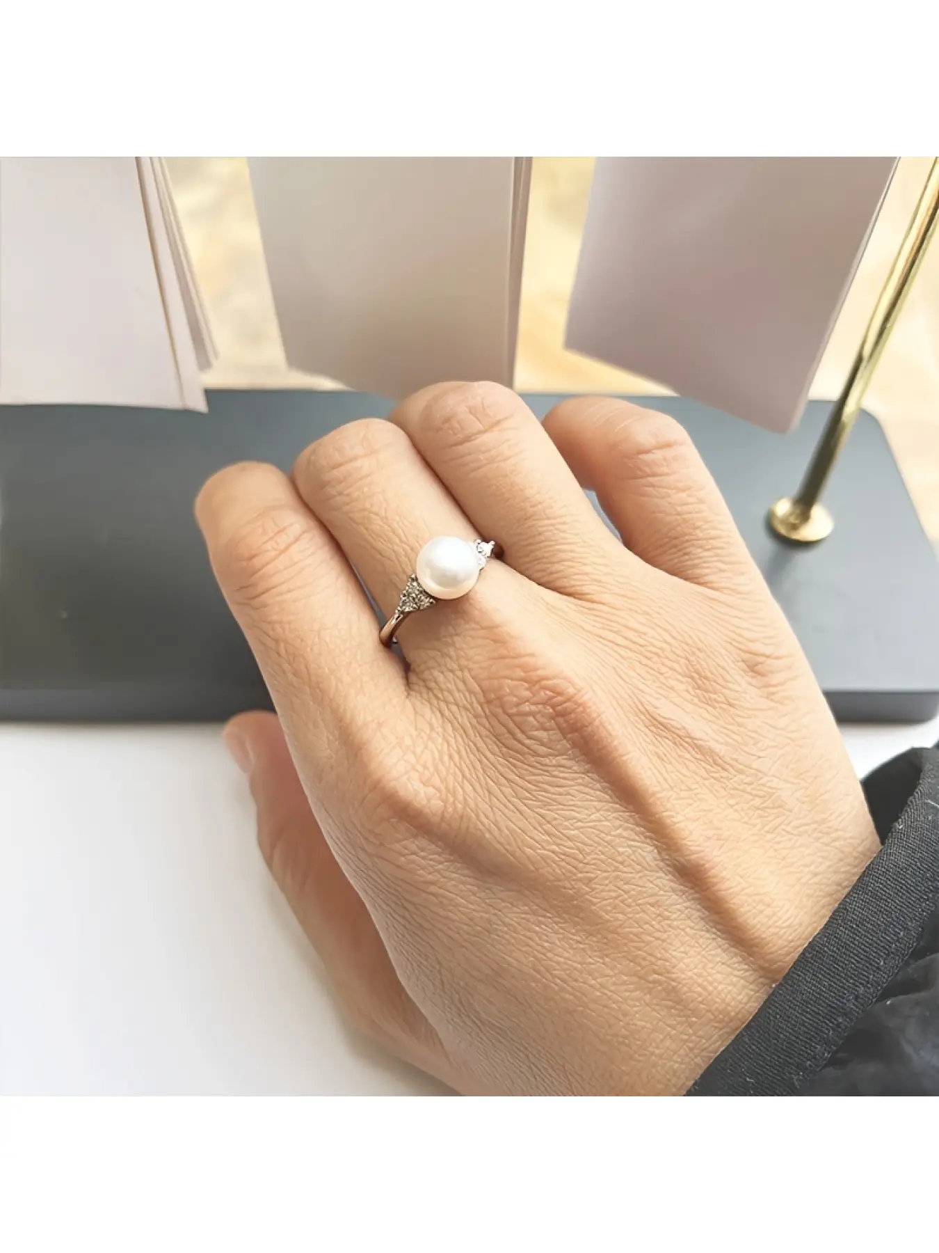 Natural Freshwater Pearl Ring 8mm High Luster Round Pearl Adjustable Open Ring CZ Diamond Accent Elegant Minimalist Jewelry Anniversary Mother's Day Valentine's Gift for Women