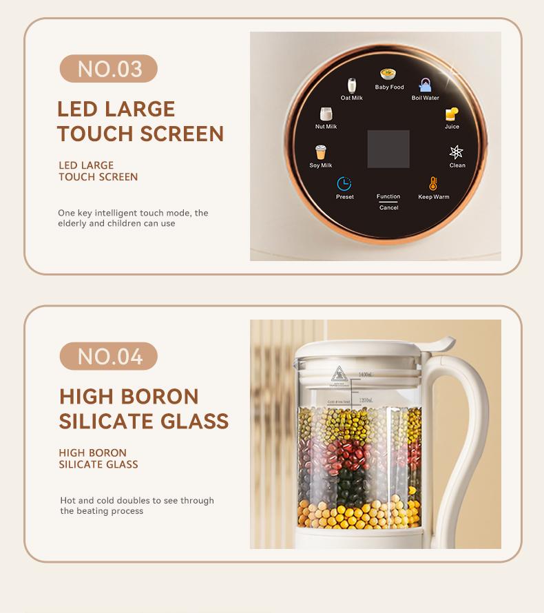 A breakfast essential for early risers! Stainless steel blades — 47.34 oz nut, milk, soy, and oat grinder; built-in heating baby food warmer; delayed start safety features; multifunctional blender for juice and almonds, no batteries required.