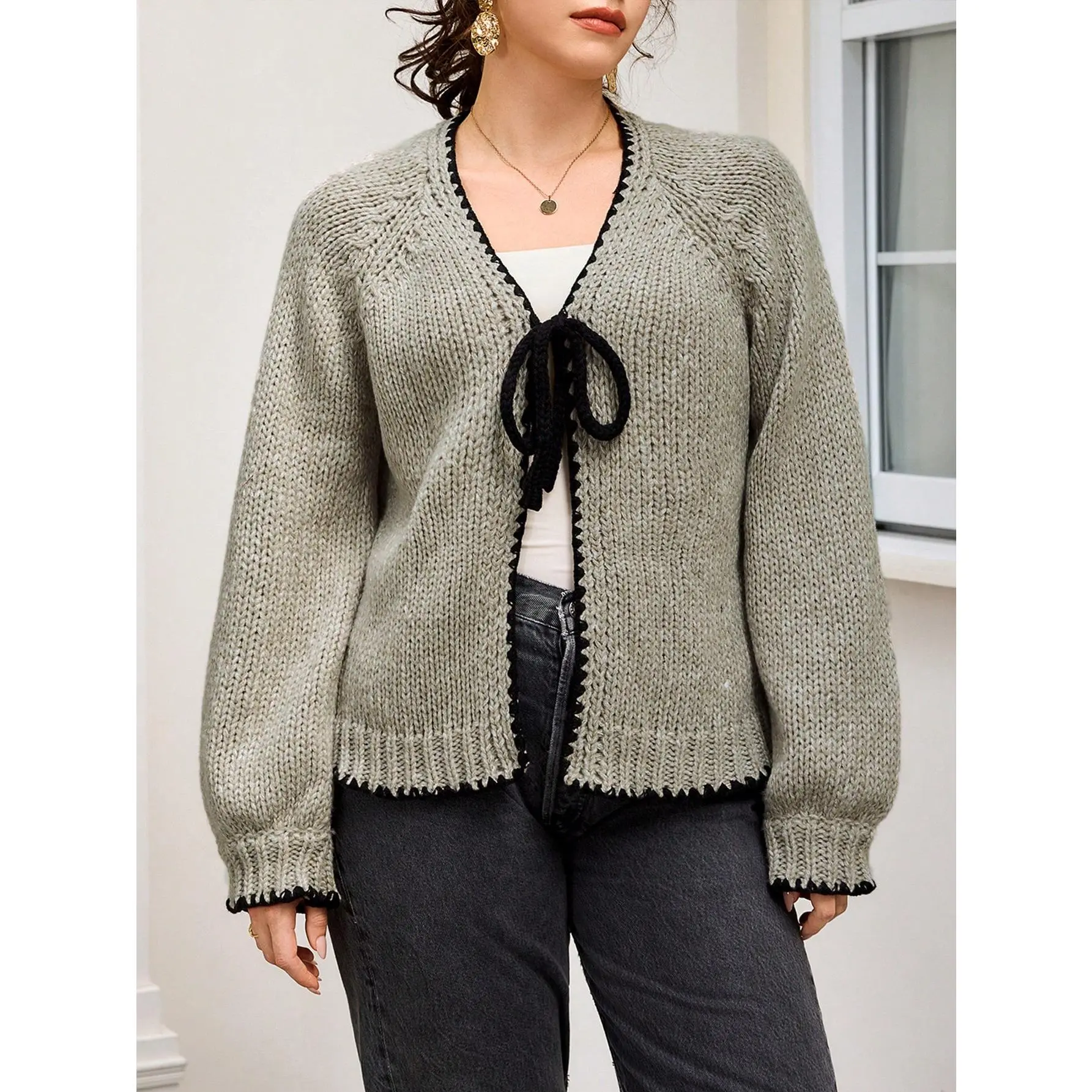 Women's Plus Size Bow Tie Cardigan Sweaters Long Sleeve V Neck Tops Fall Clothes