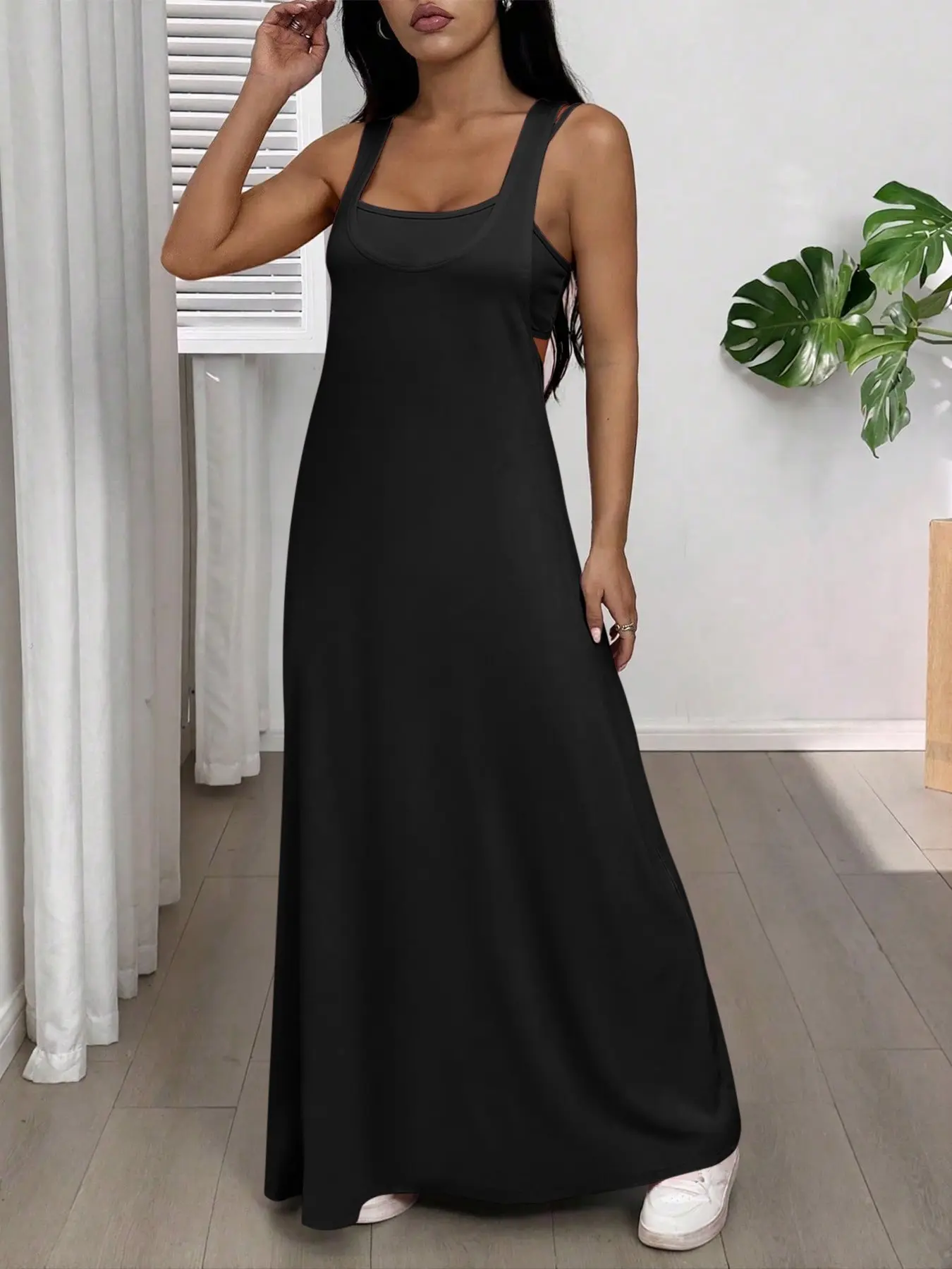 Women Double Wide Strap Scoop Neck Sleeveless Flowy Maxi Night Dress, Soft Loose Knit Solid Color Oversized Casual Home Loungewear Nightgown