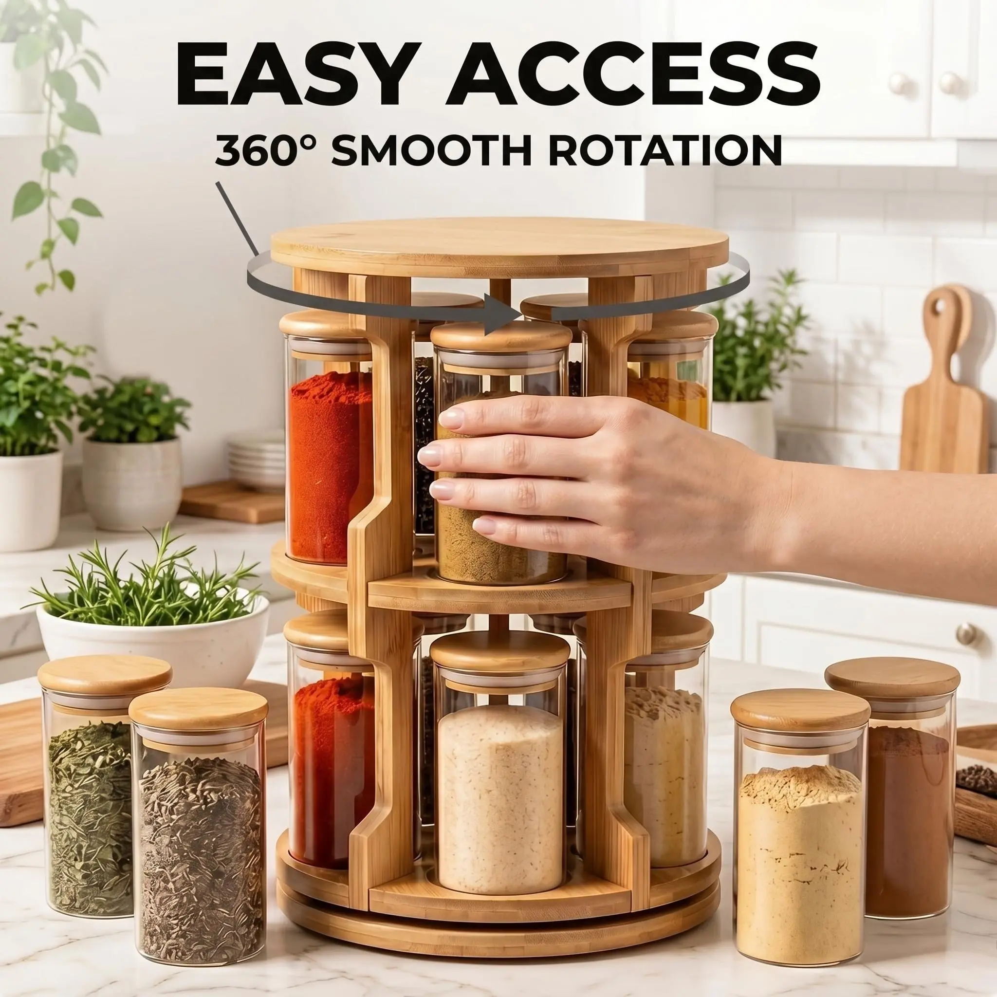 10-Pack Glass Storage Container Set, Airtight Spice Jars with Bamboo Lids, Rotating Bamboo Wood Organizer, Kitchen Food Storage Containers, Kitchen Preservation Container