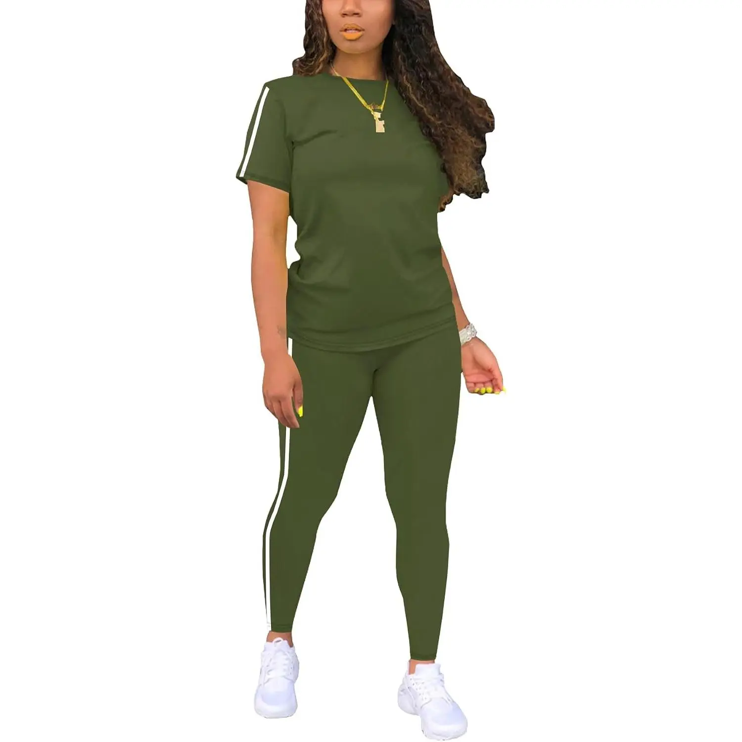 Women's 2 Piece Summer Workout Sweatsuit Set - Striped Short Sleeve Top & Long Sweatpants, Casual Jogging Lounge Tracksuit(Gift)