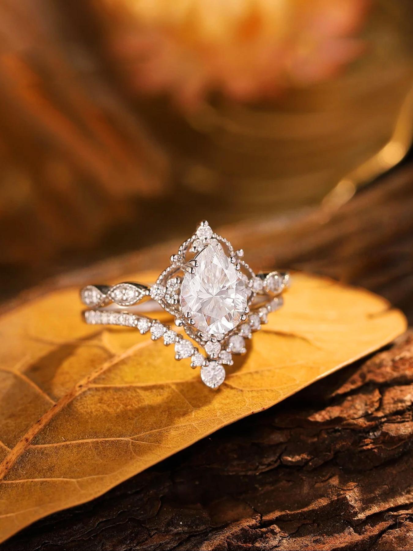 Women's 925 Silver Ring Set, Elegant Floral Design, Artificial Zircon Inlay, Casual Jewelry Gift Box, Engagement Wedding Rings, All Season Wear