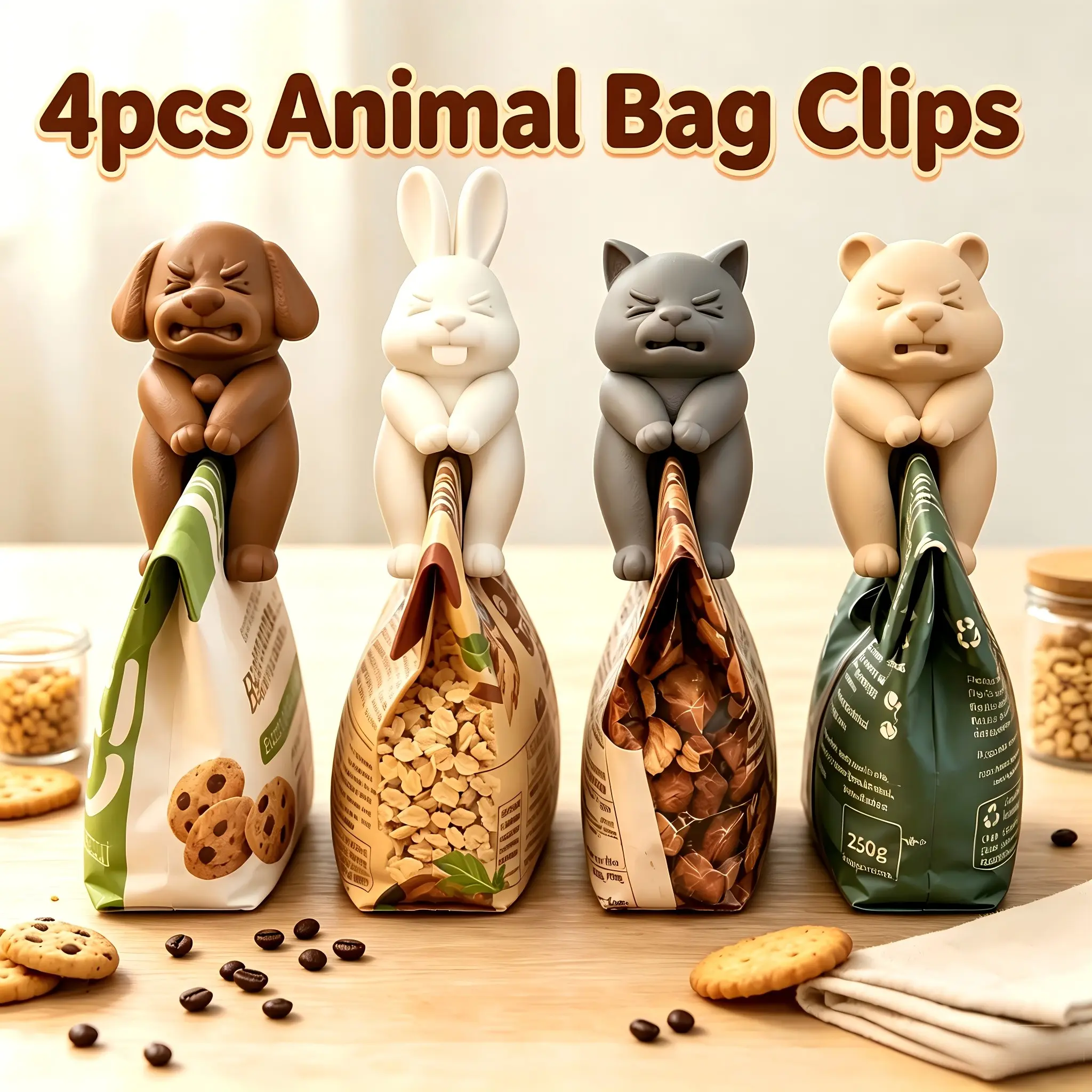 4Pcs Cute Animal Magnetic Bag Clips, Reusable Food Storage Clips & Fridge Magnets for Snack, Chip, Coffee and Cereal Bags, Fun Kitchen Sealing Clips for Pantry Organization