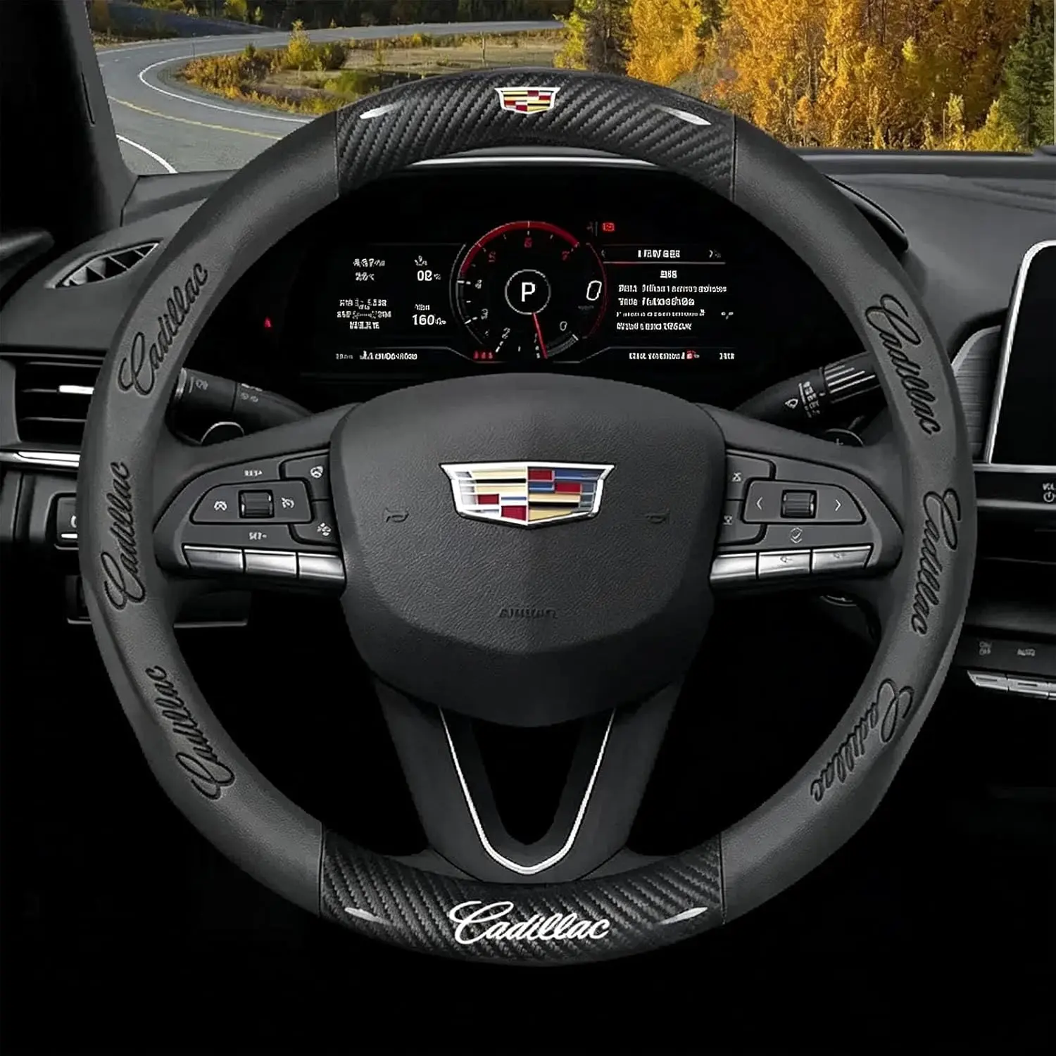 Cadillac Steering Wheel Cover, Nappa Leather with Carbon Fiber Texture, Custom Embossed Logo, Round Car Steering Wheel Protector Compatible with Escalade, XT4, XT5, XT6 Accessories