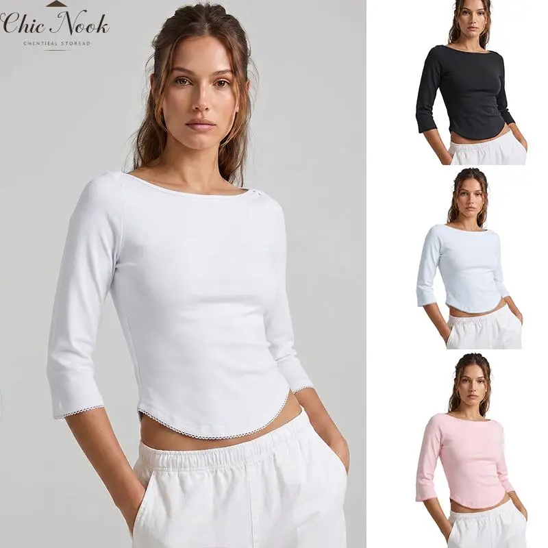 Women Basic Fall Tops Elegant Solid Color Boat Neck 3/4 Sleeves Shirt