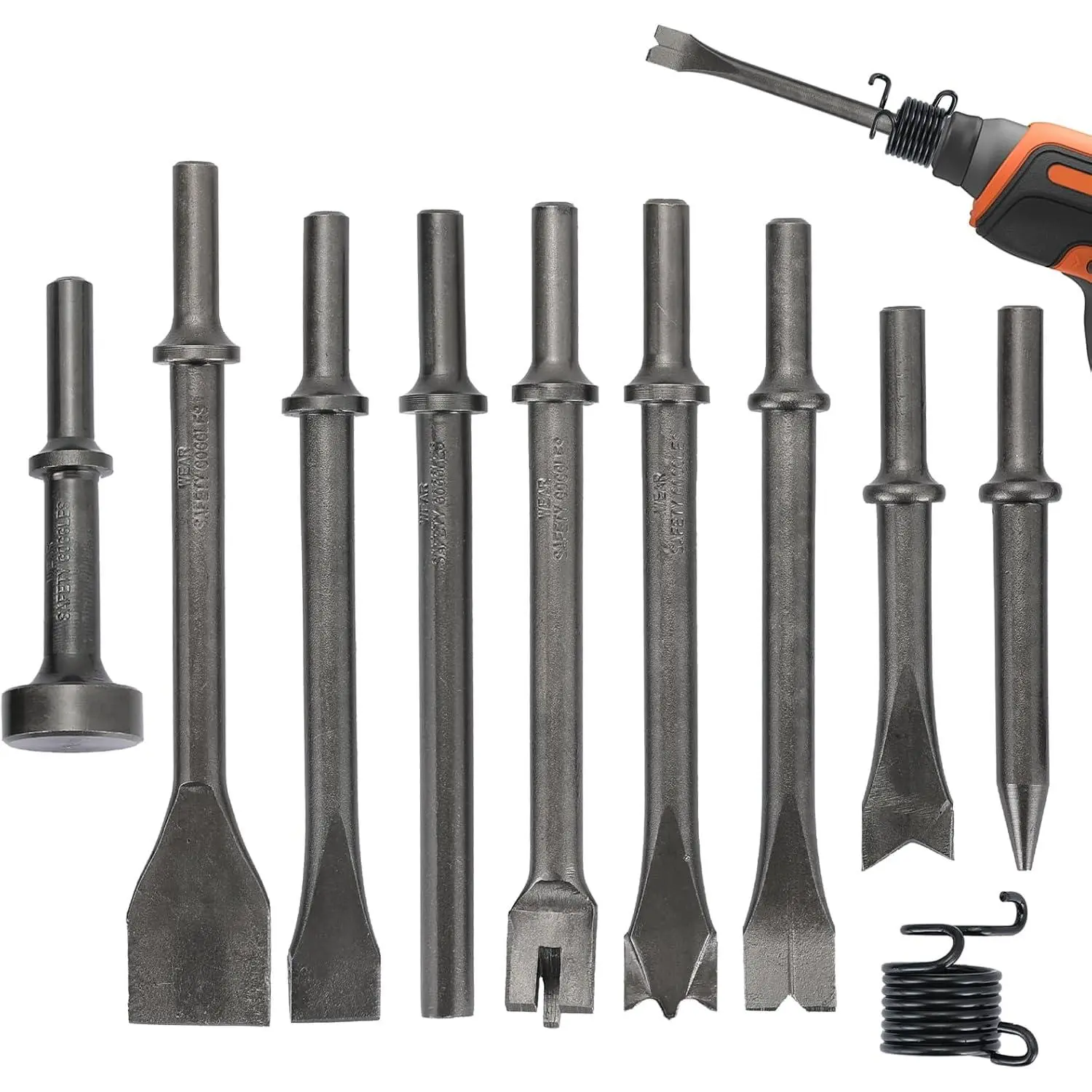 10 count Air Hammer Chisel Set, 0.401 Inch Shank Heavy Duty Chisels | High Carbon Steel Pneumatic Bits for Automotive Repair, Metalwork, Rivet Removal, Includes Spring Retainer