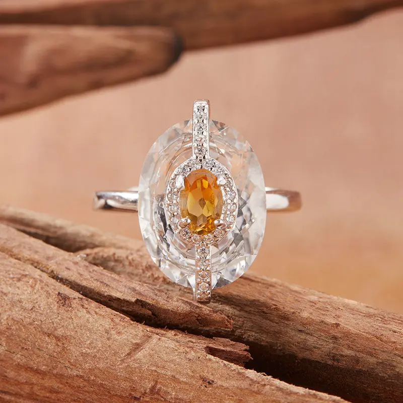 S925 Sterling Silver Natural Citrine & Clear Quartz Rings for Women – Minimalist Index Finger Band, Light Luxury Statement Jewelry S925 Sterling Silver Natural Citrine & Clear Quartz Rings for Women – Minimalist Index Finger Band, Light Luxury Statement Jewelry