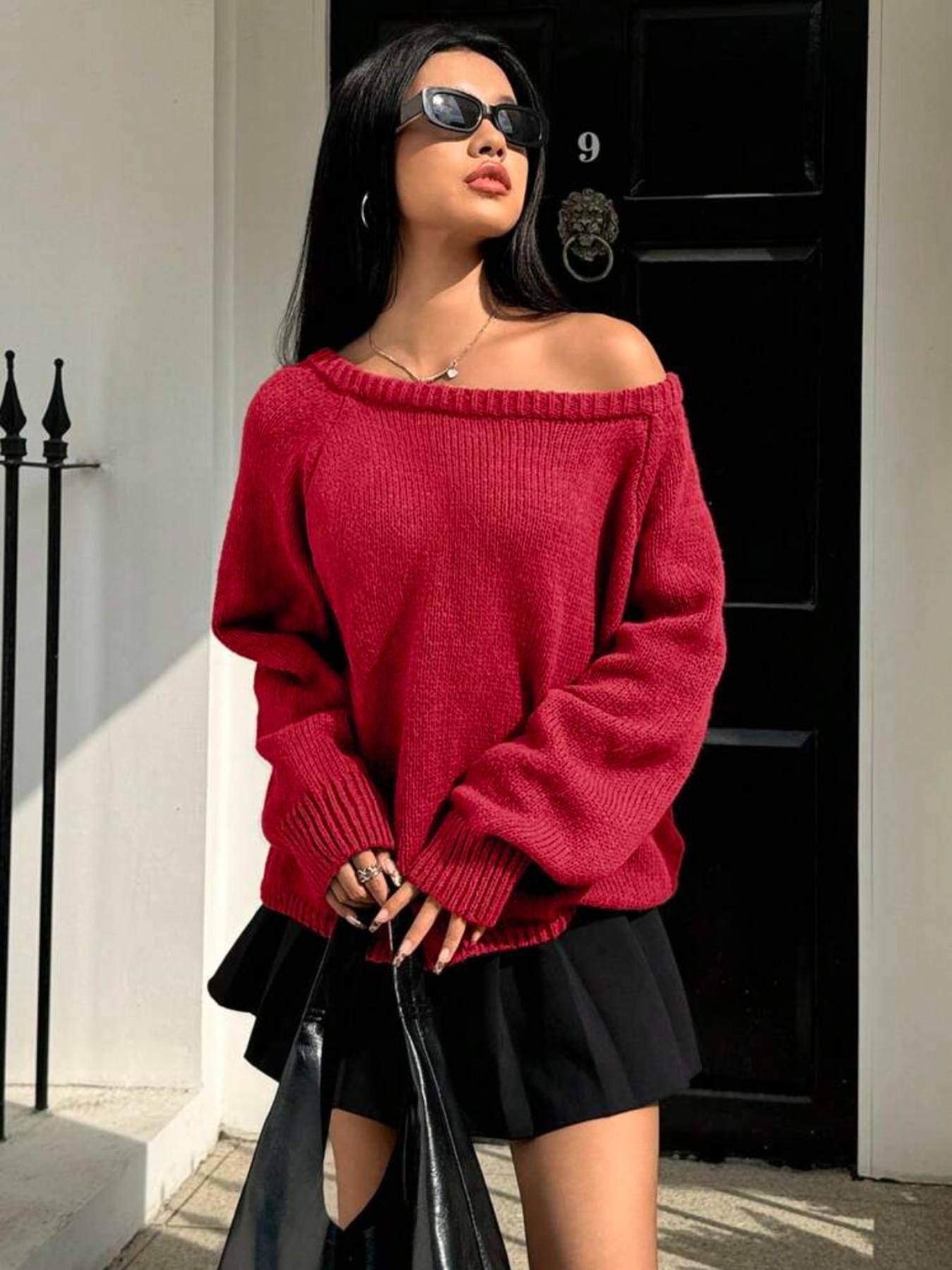 Women's Solid Off Shoulder Raglan Sleeve Sweater, Casual Long Sleeve Jumper for Fall & Winter, Fashion Ladies' Knitwear for Daily Wear, Womenswear