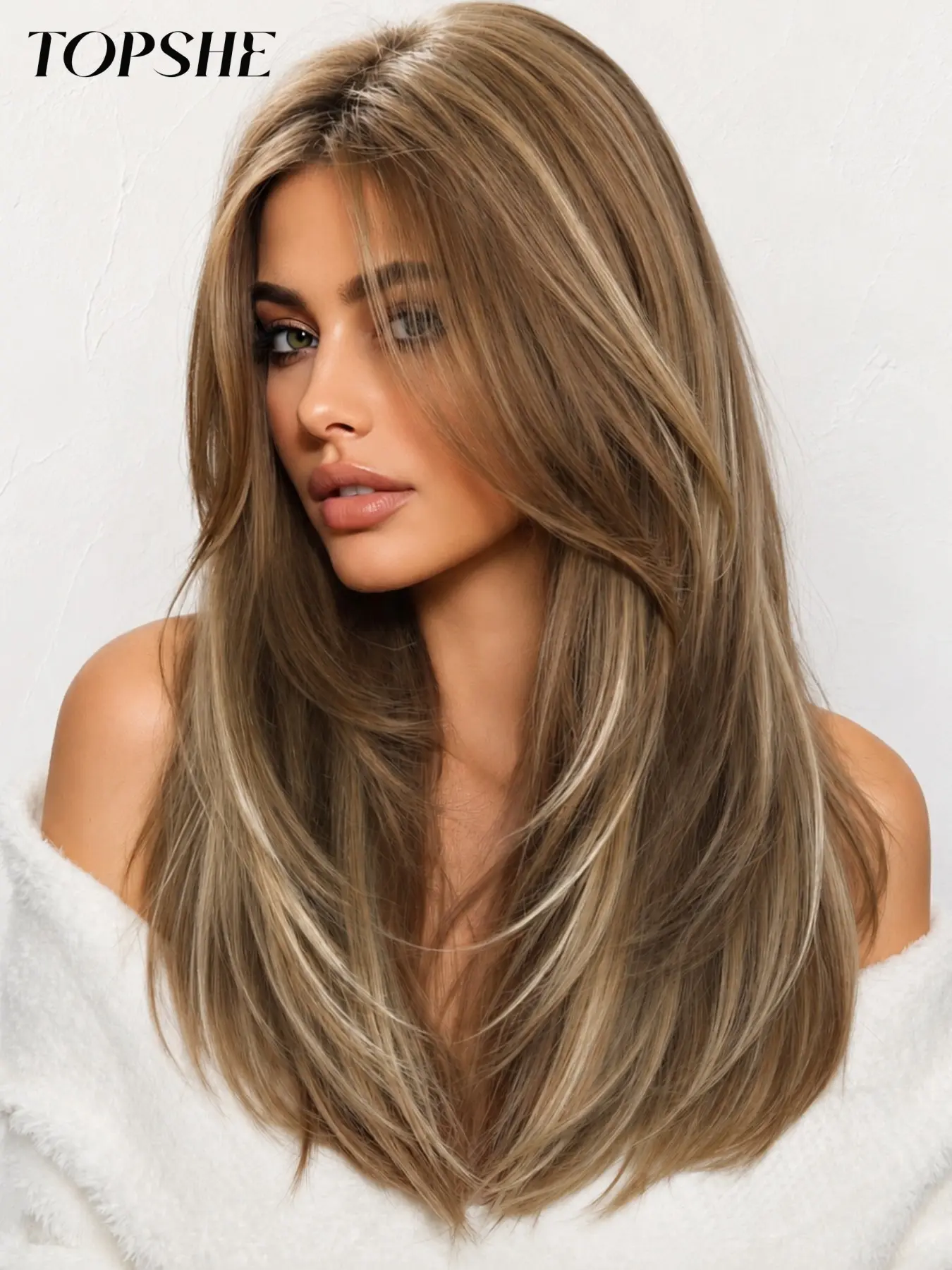 Topshe 13*6 Lace Front Wig, Balayage Layered Medium Straight Hair, Heat Resistant Fibers, Suitable for All Occasions