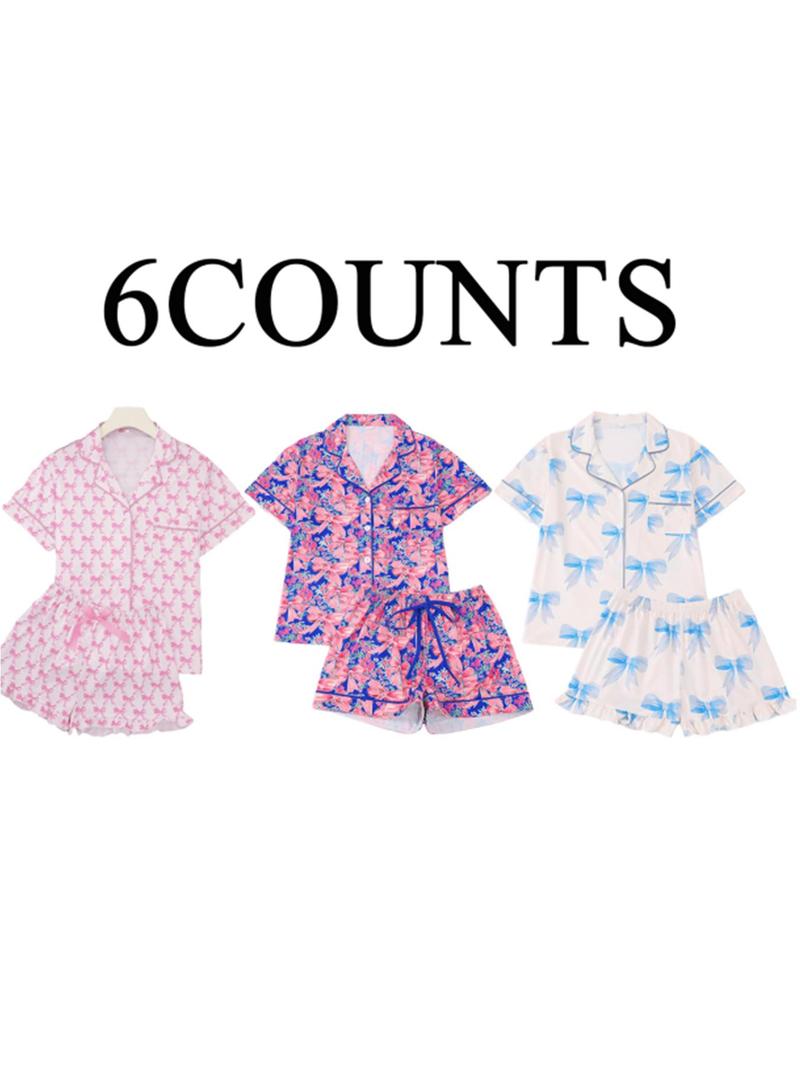 Women's All Over Bow Print Shortsleeve Lapel Shirt & Bow Decor Elastic Waist Shorts Pajama Two-piece Set, Casual Comfy Button Front Pocket Top & Ruffle Hem Shorts Set, Ladies Summer Sleepwear, Loungewear, Lounge Clothes, Cozy Lounge Set