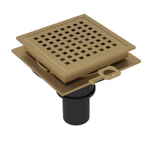 4 Inch Square Floor Drain Brushed Gold, SUS 304 Stainless Steel Shower Drain with Removable Hair Catcher & Anti-Odor Cover