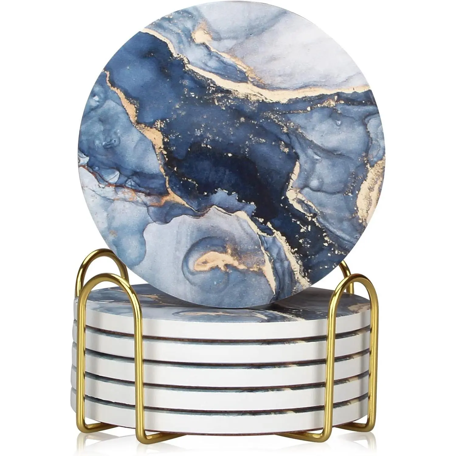 Navy Blue Marble Abstract Ceramic Coasters Set of 6 with Holder, Round Absorbent Drink Coasters for Coffee Table Decor, Ideal House Warming Gift for New Home