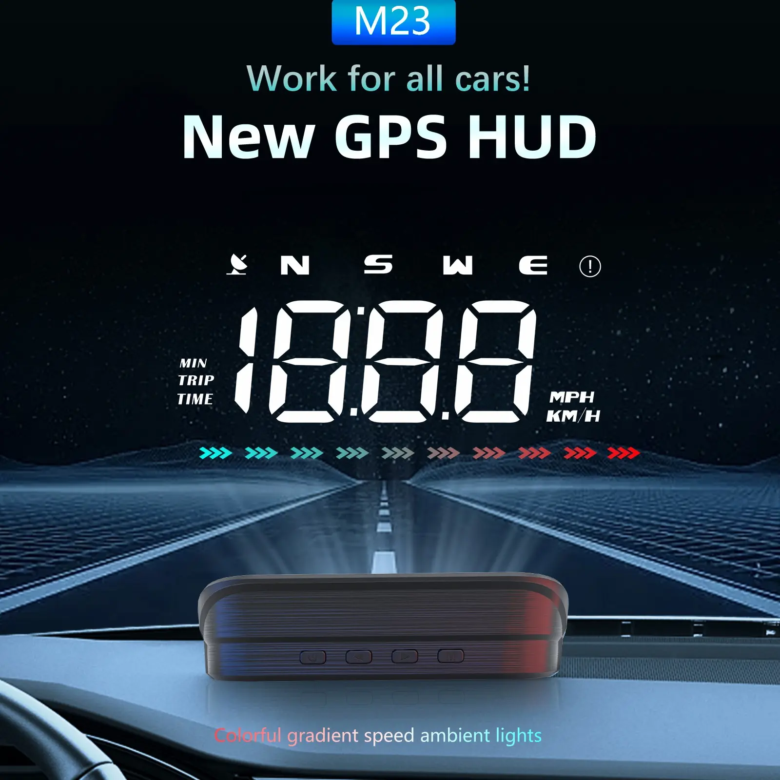 1PC M23 Car HUD Head Up Display, Car Display Screen, Car Monitor, Sleek GPS Speedometer with Windshield Projection, Real-Time Speed, Compass & Alarm, for All Drivers Night & Highway Driving