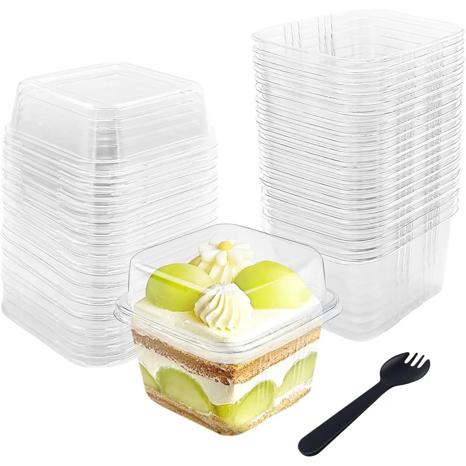 50 count 8OZ Plastic Dessert Cups with  and Spoons,Square Parfait Cups,Disposable Ice Cream Containers for Cupcake,Pudding,Snacks,Yogurt,ParfaitFruits,Mousse