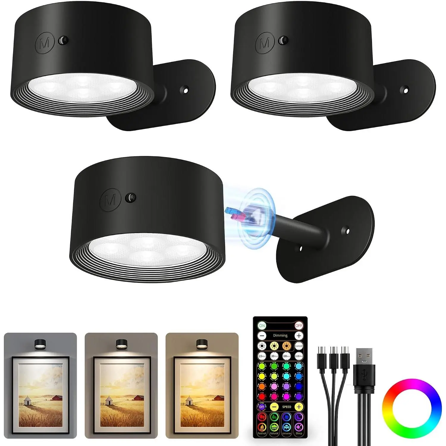Picture Lights for Wall, 2000mAh Rechargeable Magnetic Art Lights with 3 Color Temps & RGB, Remote Dimmable Battery Operated Wall Light for Bedroom, Living Room, Gallery (Black, 3 Pack)