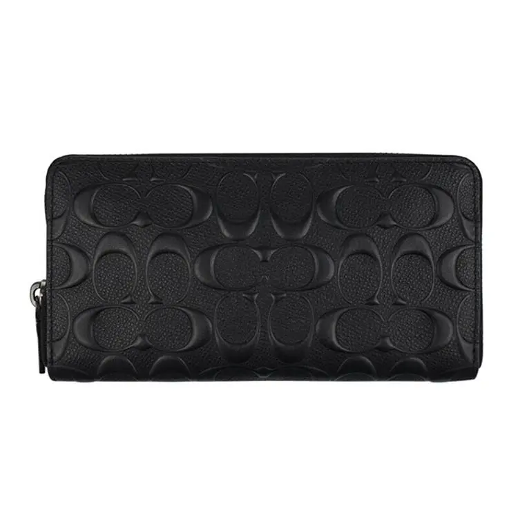 COACH Accordion Wallet for Men – Classic Logo-Embossed Crosshatch Leather Zip-Around Long Wallet in Black